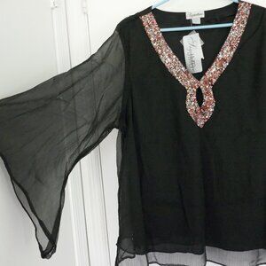 elegant sequin keyhole neckline fully lined bodice black sheer blouse size 3x